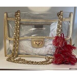 Sheer Gear Clear Chain Handbag Gold Trim Red Tassels Crossbody 11" x 7" x 3.5"